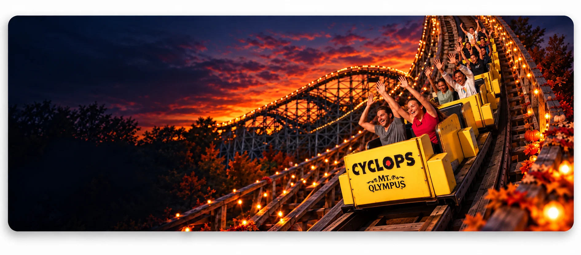Cyclops coaster at sunset with pumpkins and autumn decorations